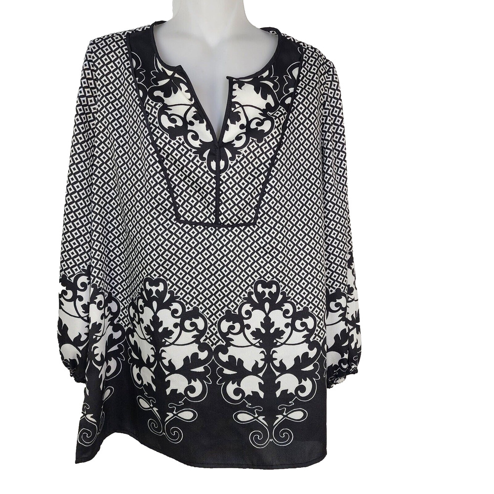 Chico's Womens Top Blouse Size 1 US 8 Artisan Geometric Peplum Long Sleeve Woven